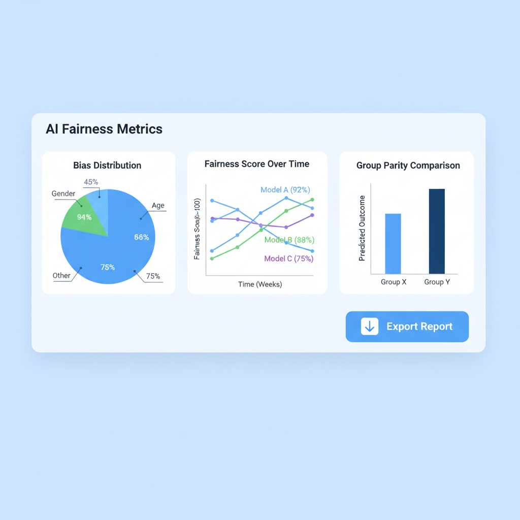 analytics dashboard showing fairness scores graphs and export button, professional charts