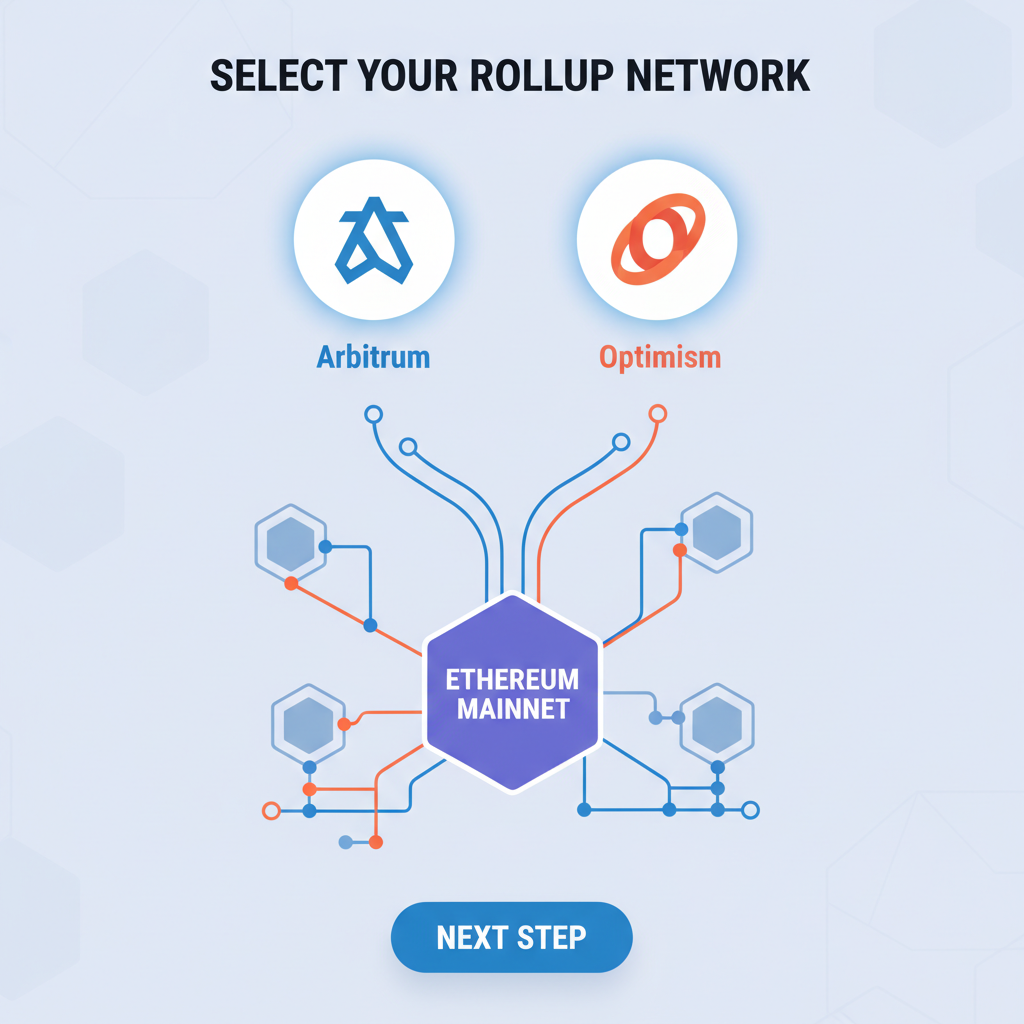 rollup selection interface with Arbitrum Optimism icons, ethereum network graph, clean modern design