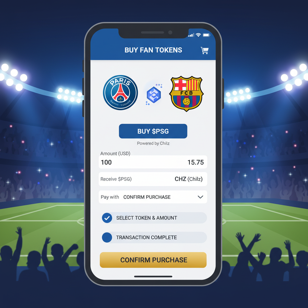 mobile Socios app screen purchasing Fan Token, sports club logos like PSG Barcelona, crypto buy interface, vibrant stadium background