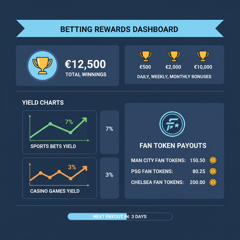 dashboard showing betting winnings rewards, trophy icons, yield charts, Fan Token payouts