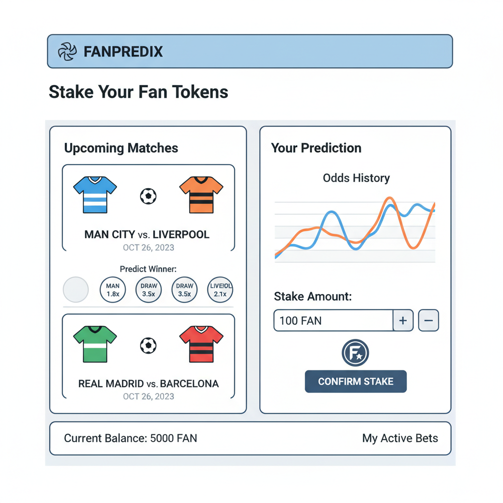 staking interface FanPredix, Fan Tokens on soccer match prediction, odds graphs, team jerseys