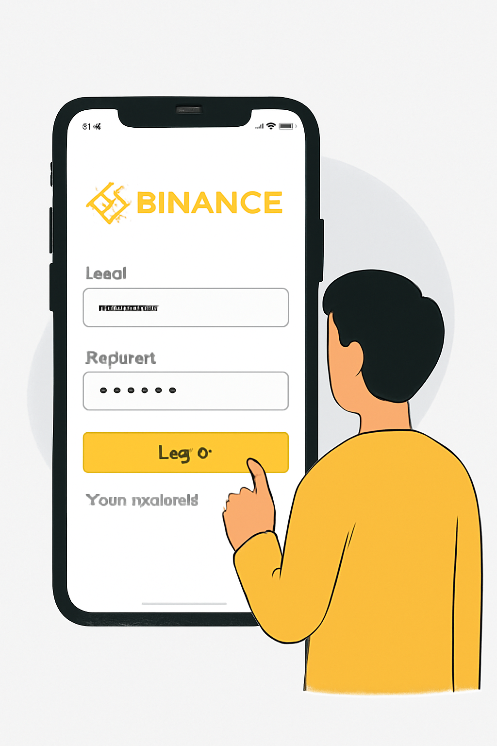 A smartphone displaying the Binance app login screen with a user entering credentials, modern UI, clear branding.