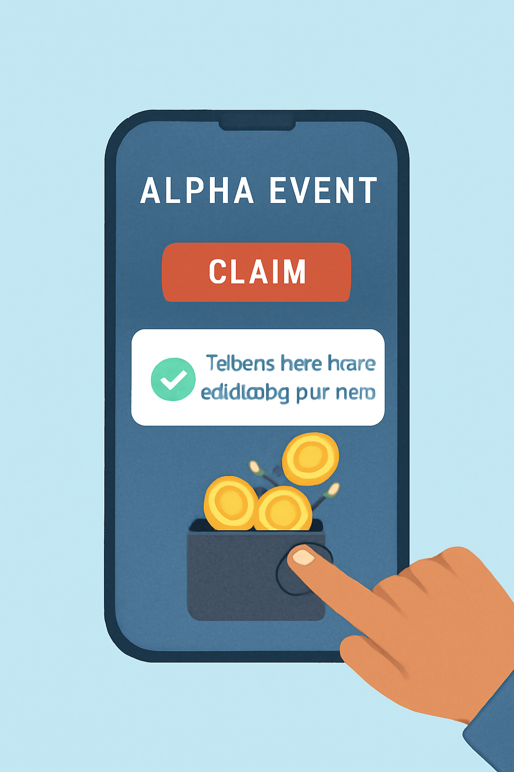 A user tapping the 'Claim' button on the Alpha Event page, with a confirmation message and digital tokens being added to their wallet.