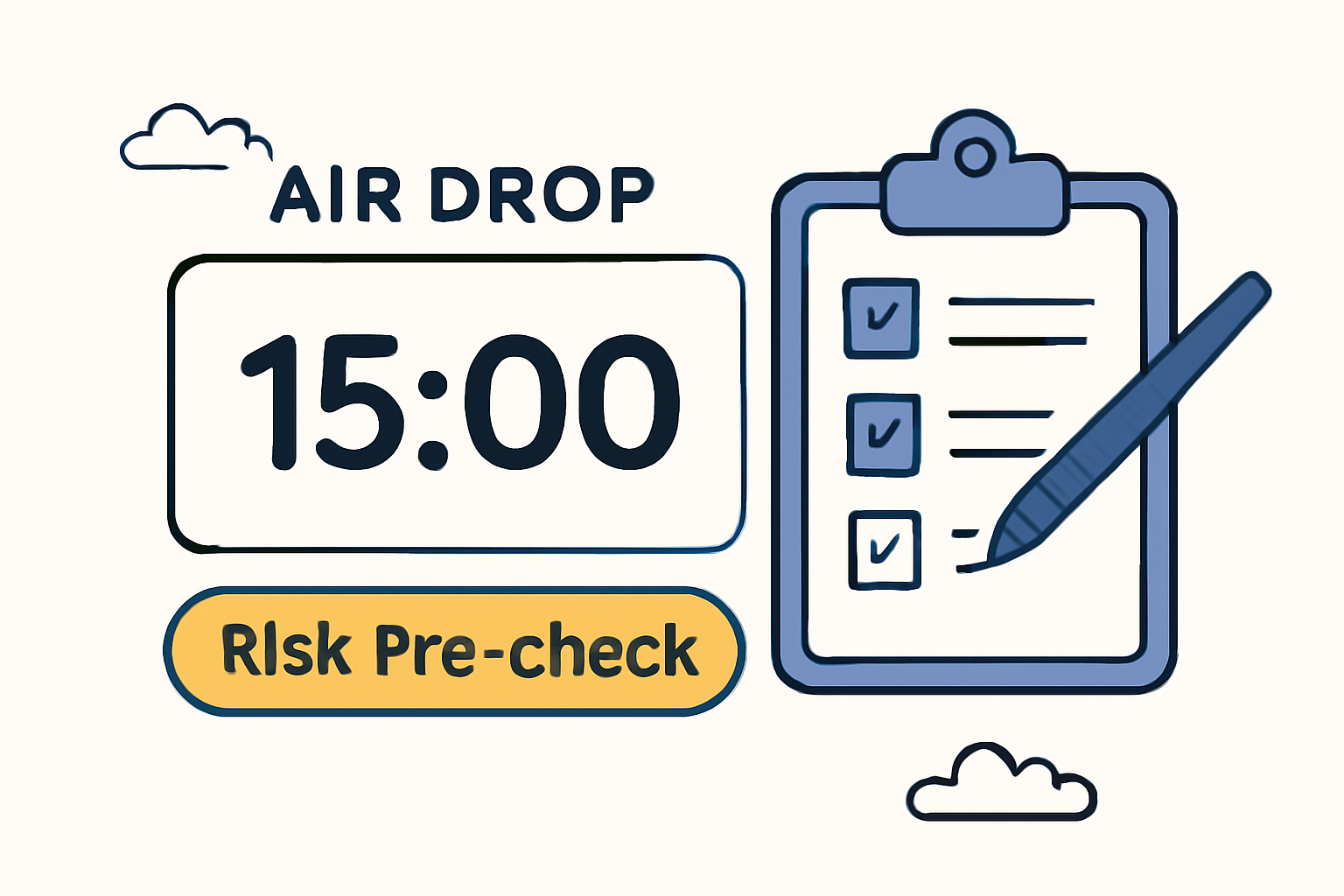 A countdown timer showing 15 minutes before an airdrop, with a highlighted 'Risk Pre-check' button and a checklist being completed.