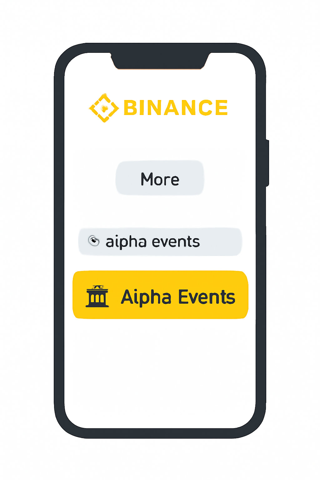 A smartphone screen with the Binance app open, showing the 'More' button tapped and the 'Alpha Events' search result highlighted.