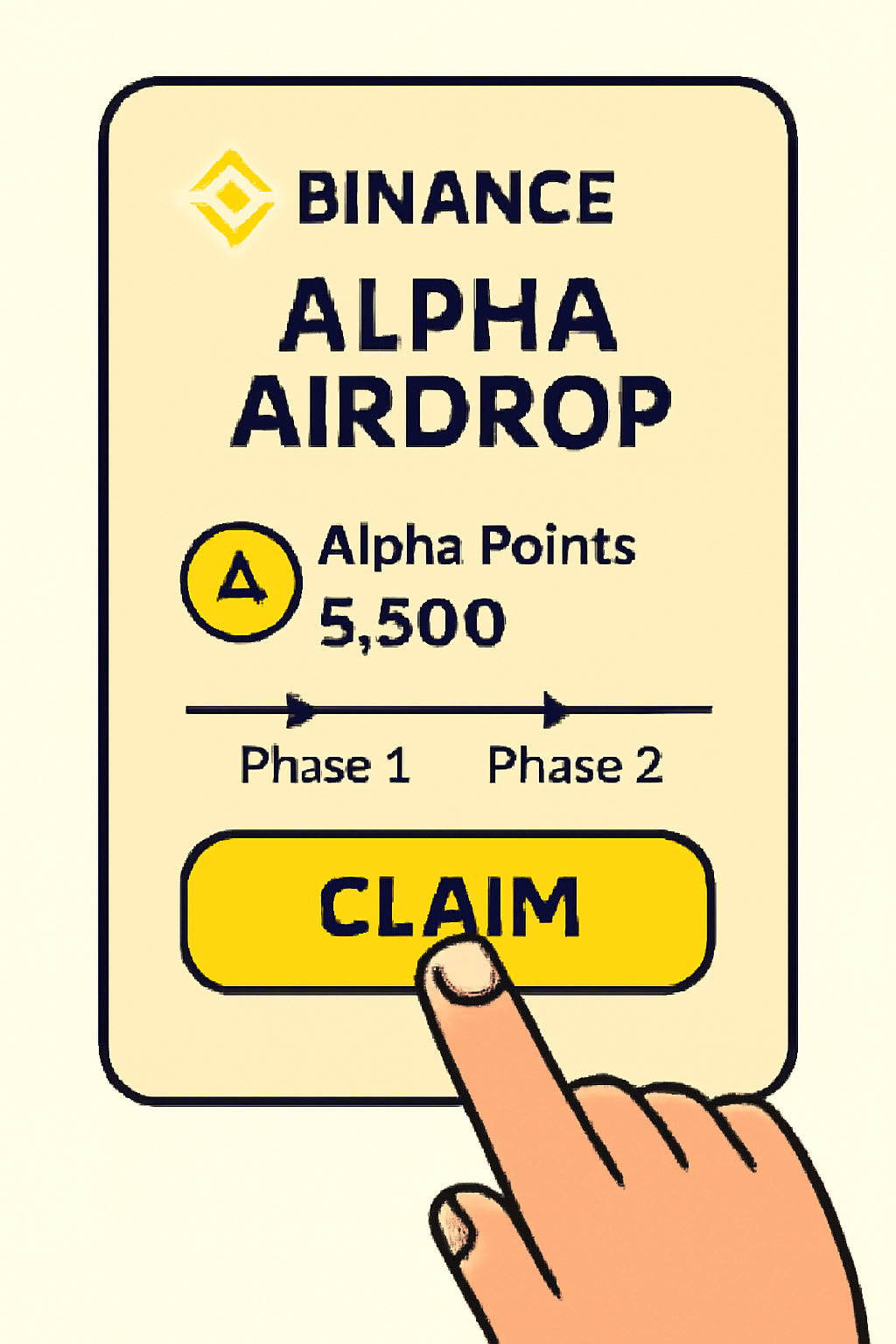 A hand tapping the 'Claim' button on a Binance Alpha Airdrop event page, with Alpha Points and phase indicators visible.