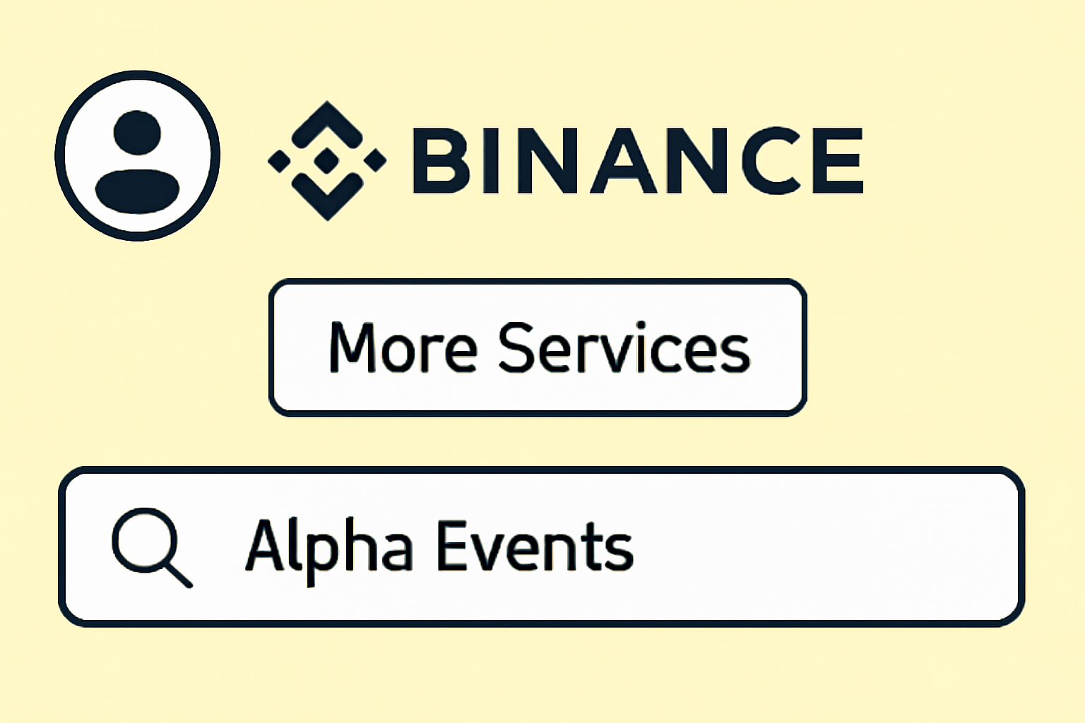 Binance app interface showing the profile icon, 'More Services', and a search bar with 'Alpha Events' typed in.