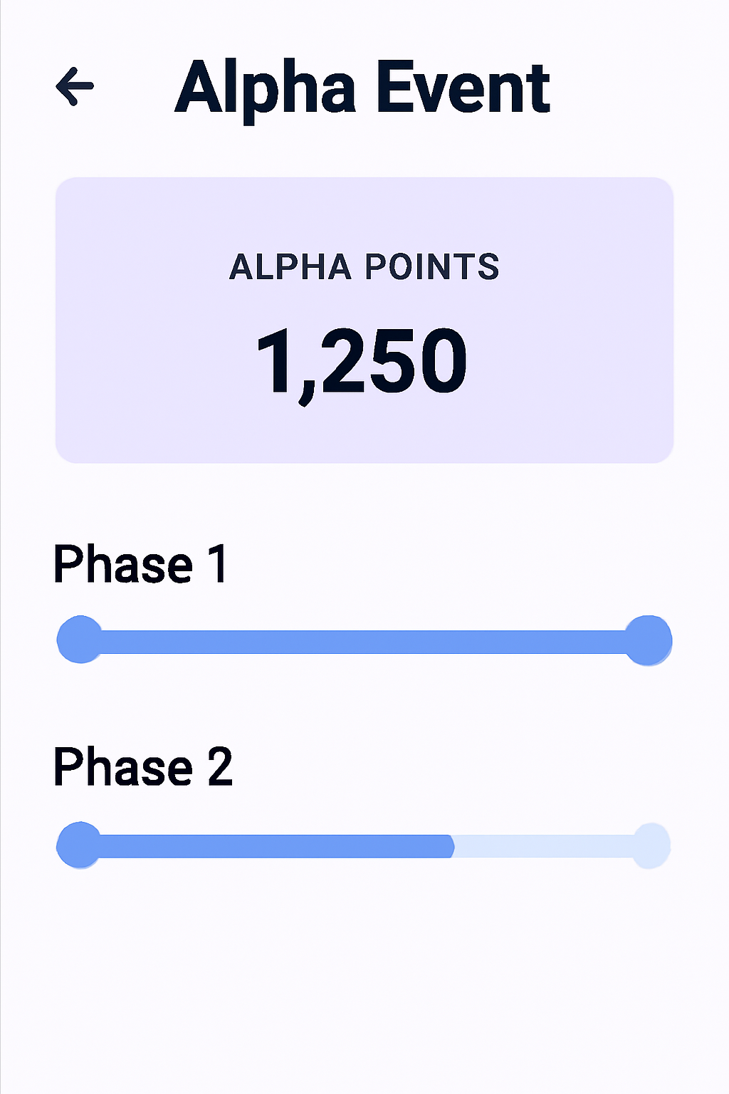 An app interface showing an Alpha Event page, with Phase 1 and Phase 2 timelines, and a user's Alpha Points displayed prominently.