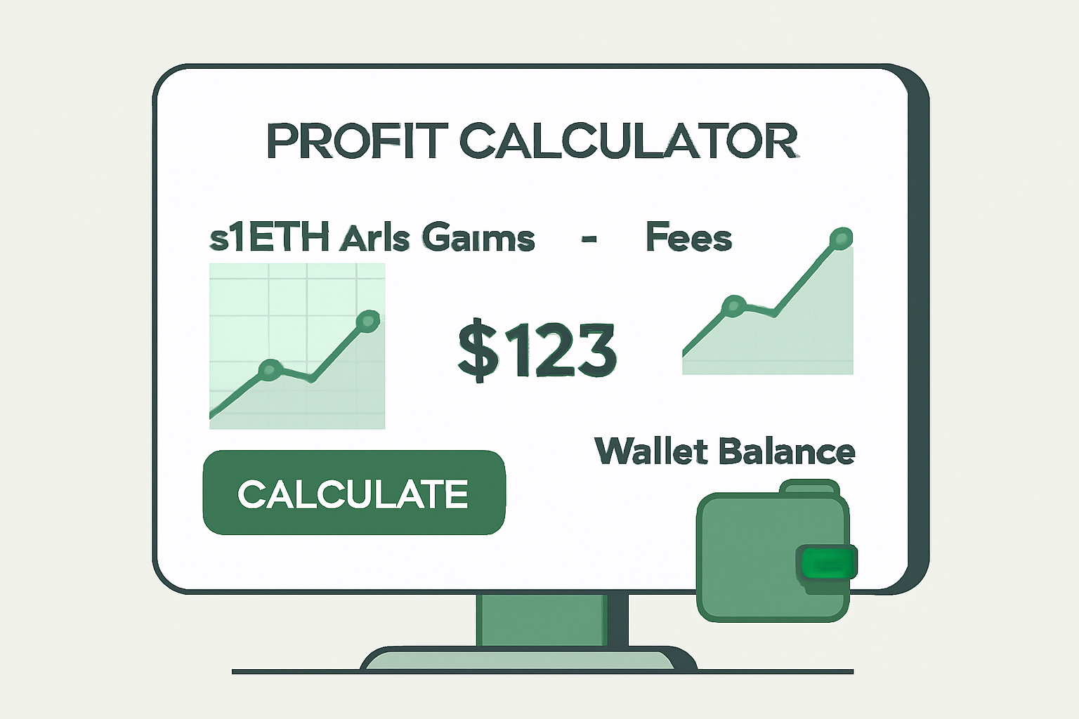 profit calculator screen showing stETH arb gains minus fees, green charts, wallet balance up