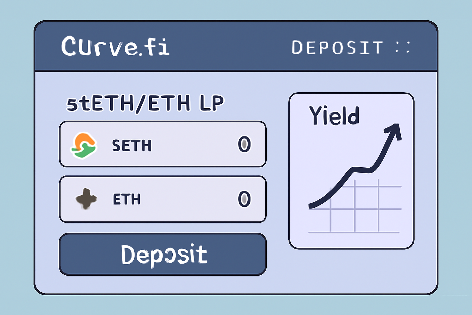 Curve Finance pool deposit screen with stETH ETH LP, yield graph rising, DeFi terminal aesthetic