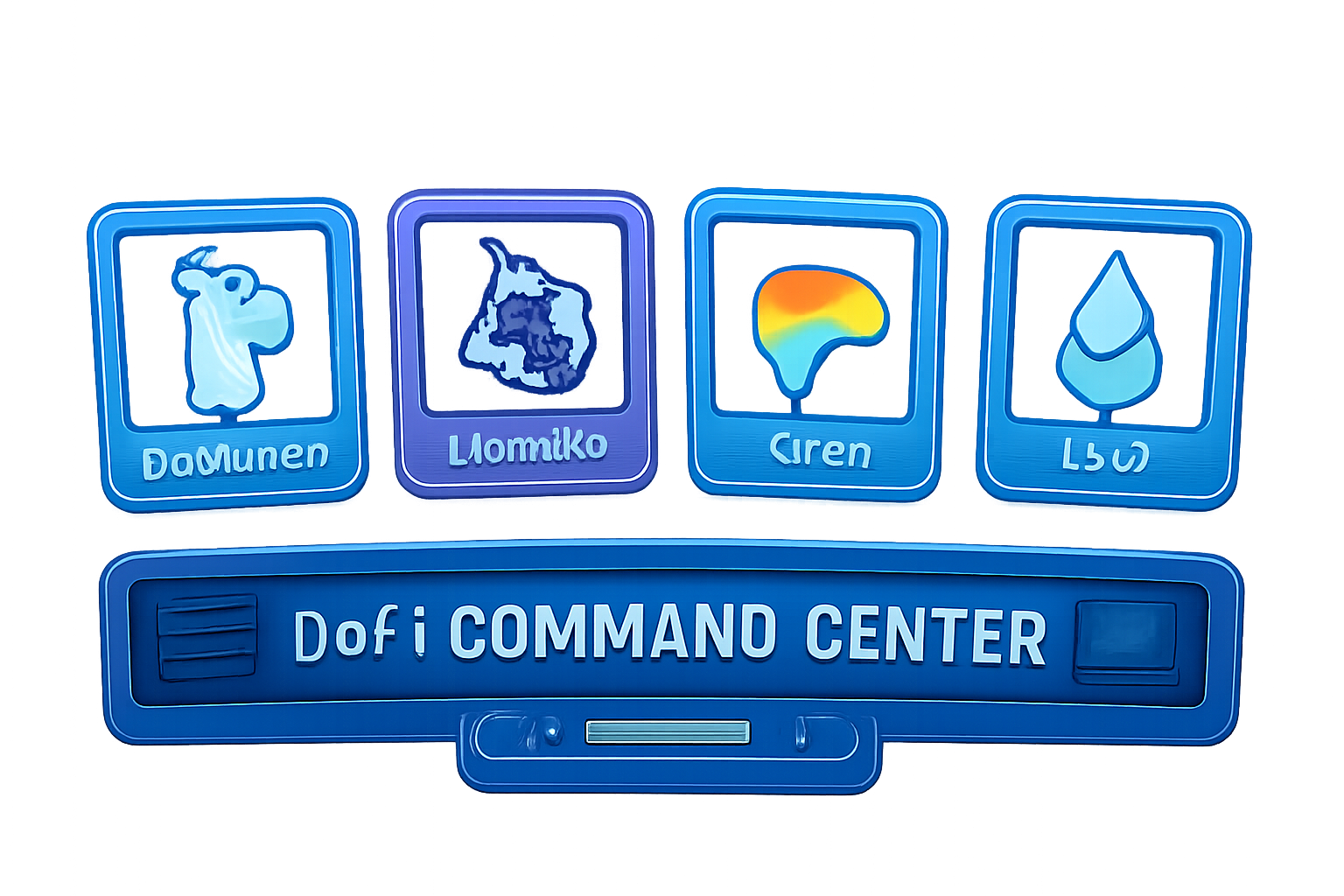 toolkit icons: DefiLlama Uniswap Curve Lido, arranged in DeFi command center, glowing interfaces