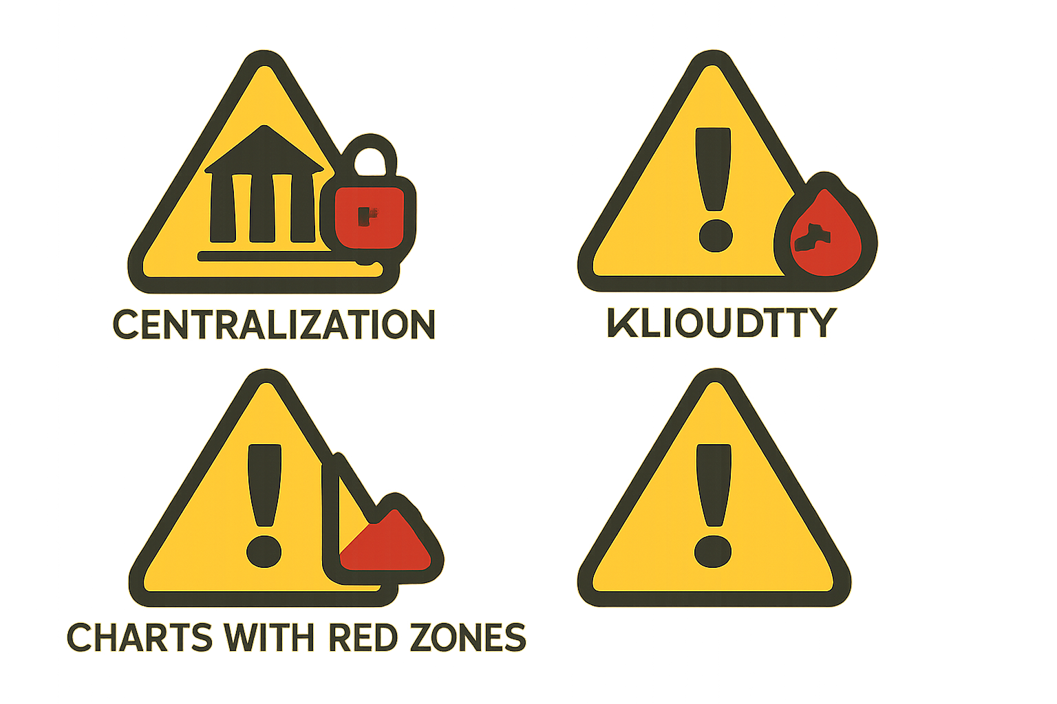 warning icons for DeFi risks: centralization, illiquidity, charts with red zones, caution theme