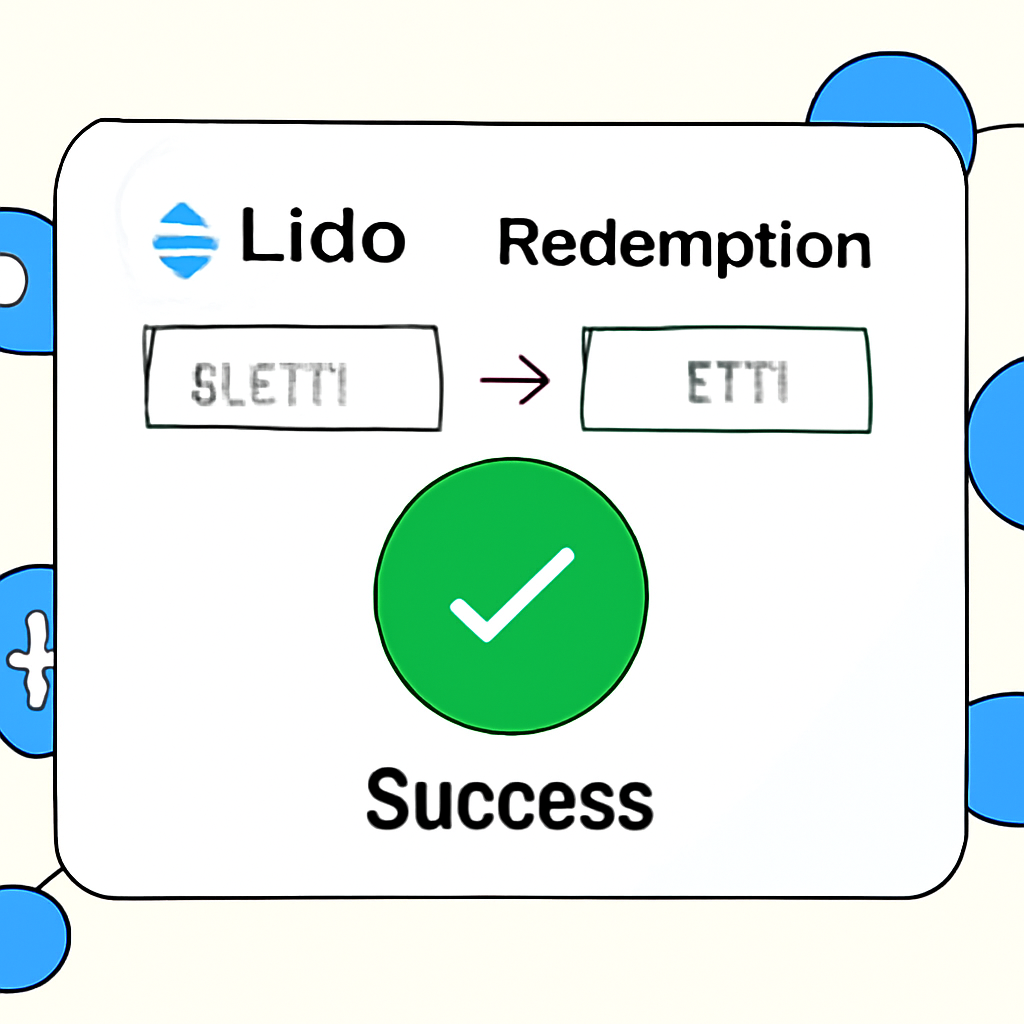 Lido redemption interface converting stETH back to ETH, success animation, blockchain nodes