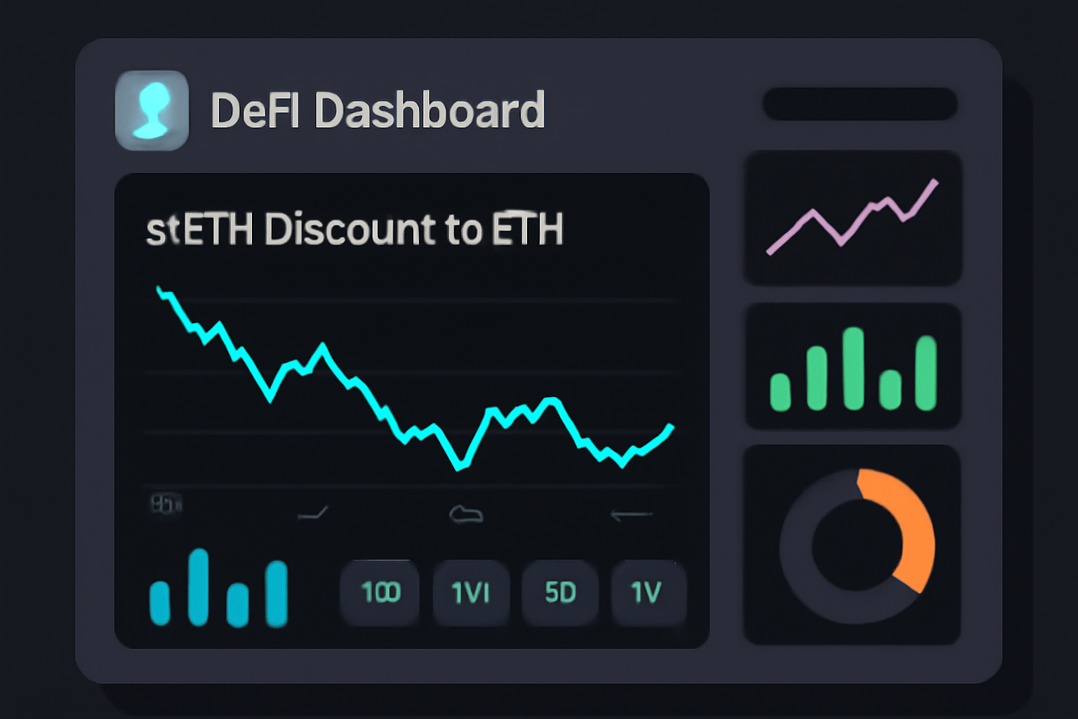 futuristic DeFi dashboard on DefiLlama showing stETH discount to ETH graph, neon charts, dark mode