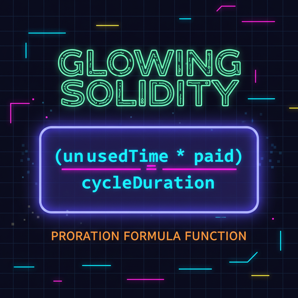 Glowing Solidity proration formula function, math equation (unusedTime * paid) / cycleDuration, neon cyberpunk code