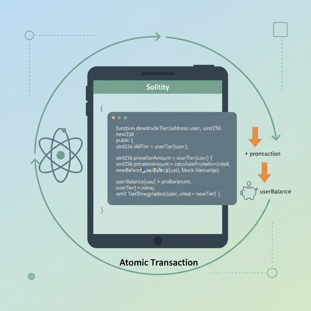 Solidity downgradeTier code with proration calc, balance adjustment arrows, atomic tx icon