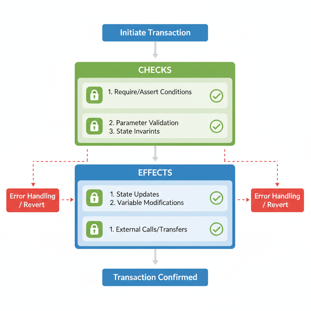 Atomic Solidity tx flow diagram, checks-effects-interactions pattern, green secure lock icons