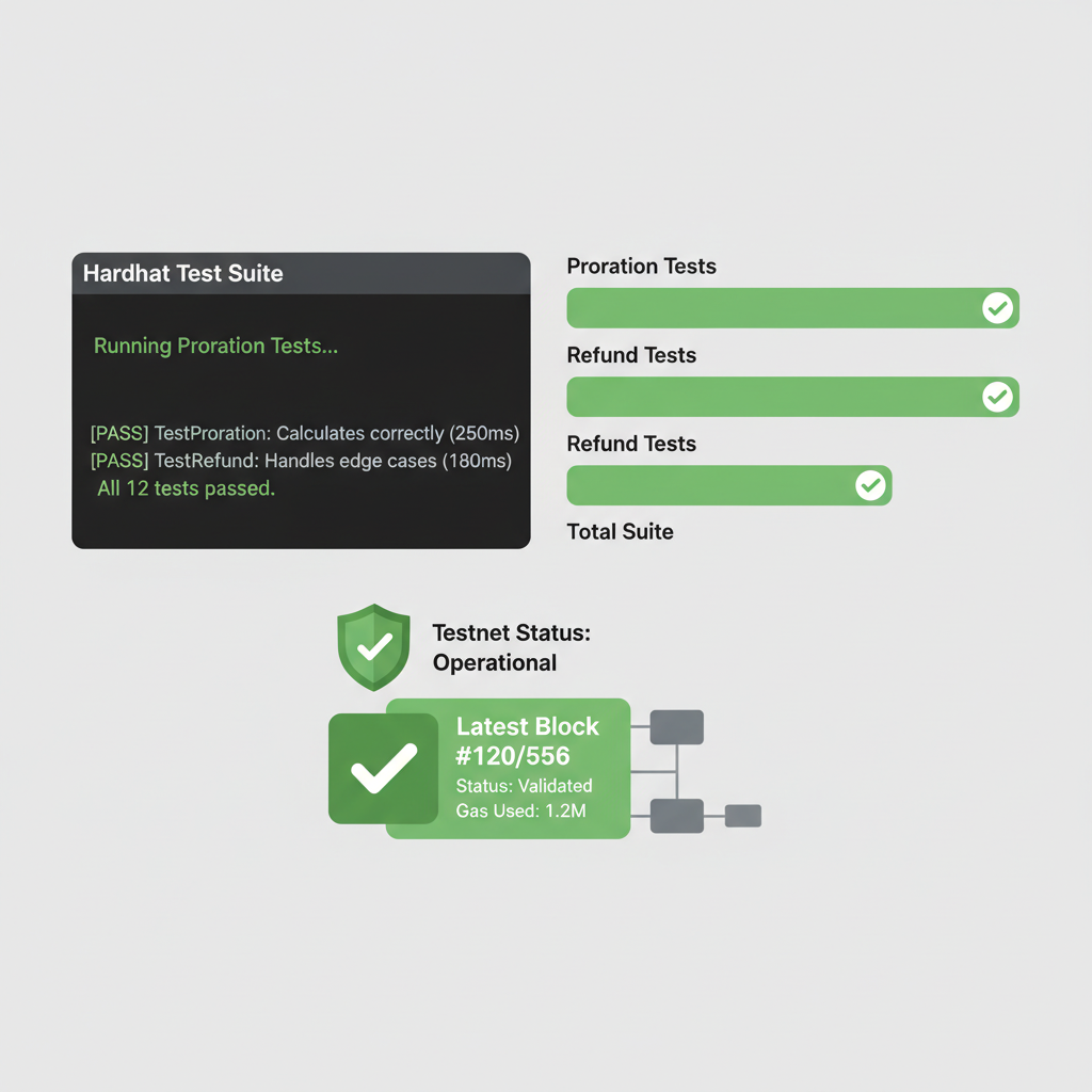 Hardhat test suite running proration tests, green pass graphs, blockchain testnet dashboard