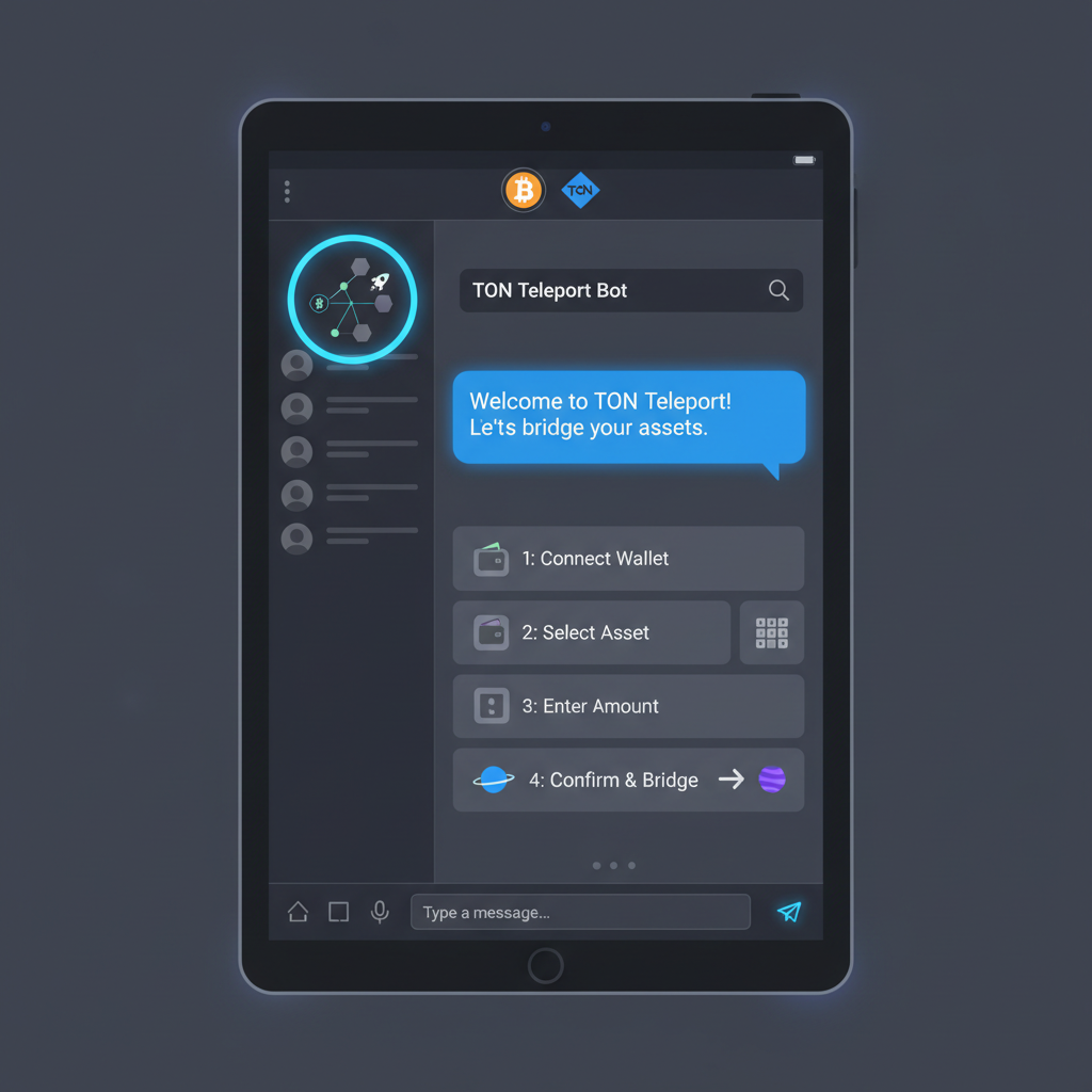 Telegram app open to TON Teleport bot chat, futuristic UI, Bitcoin and TON logos