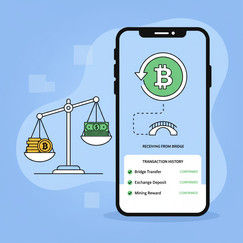 Bitcoin wallet receiving funds from bridge, transaction history with green success, balanced scales