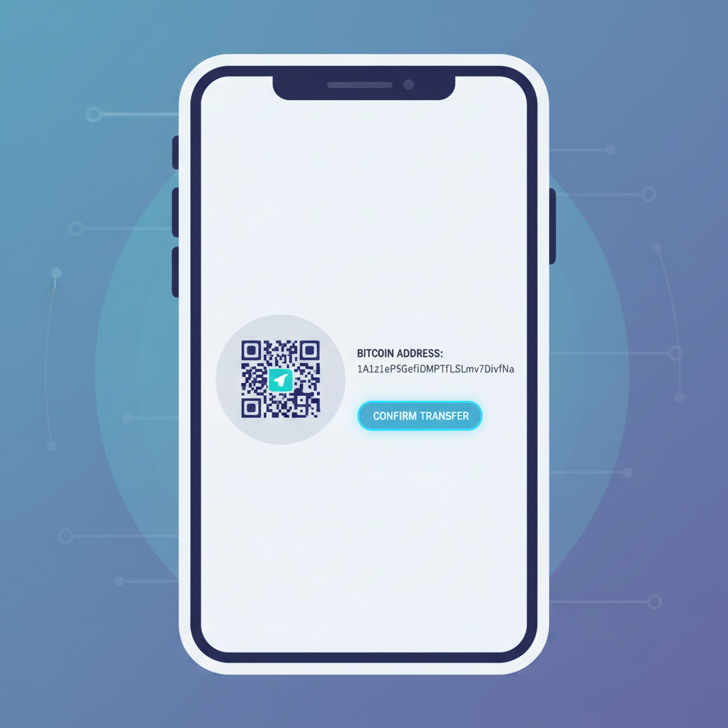QR code and Bitcoin address on screen in Telegram mini app, glowing secure bridge interface