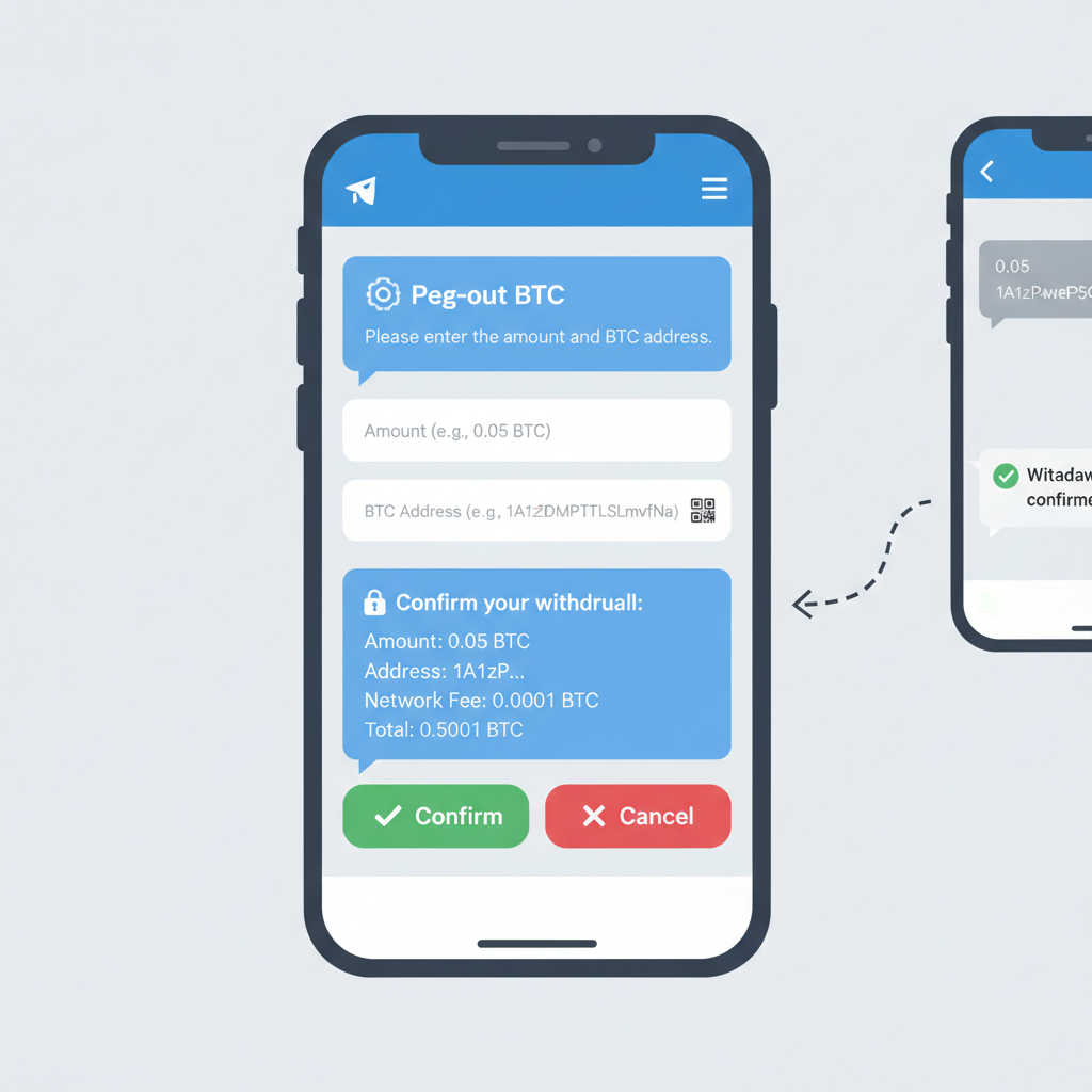 Peg-out interface in Telegram bot, input fields for amount and BTC address, secure confirmation