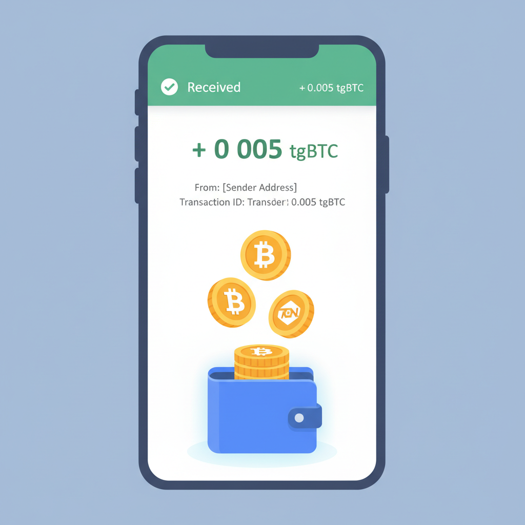 TON wallet showing tgBTC balance received, success notification, coins stacking