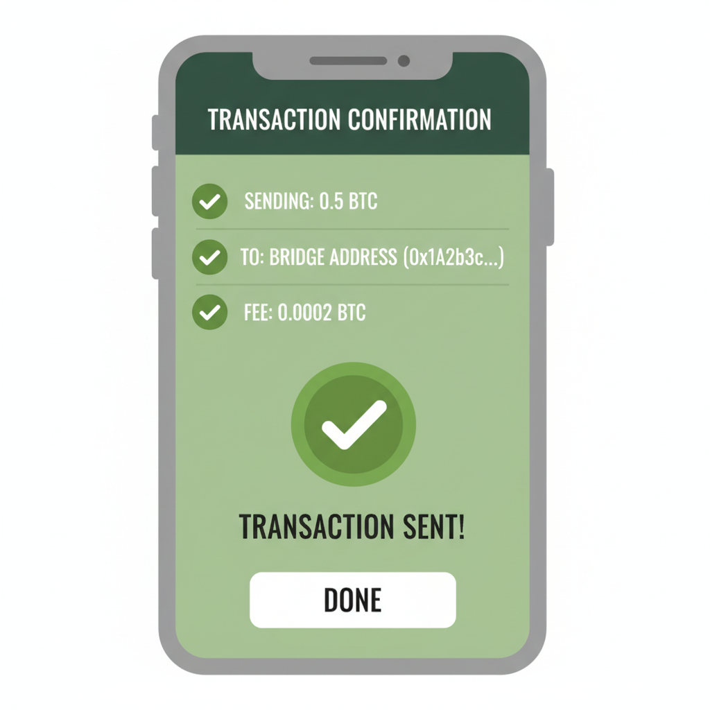 Bitcoin wallet sending transaction to bridge address, transaction confirmation screen, green checkmarks