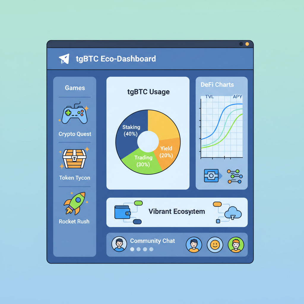 Telegram Mini App dashboard with tgBTC usage, DeFi charts, games, vibrant ecosystem