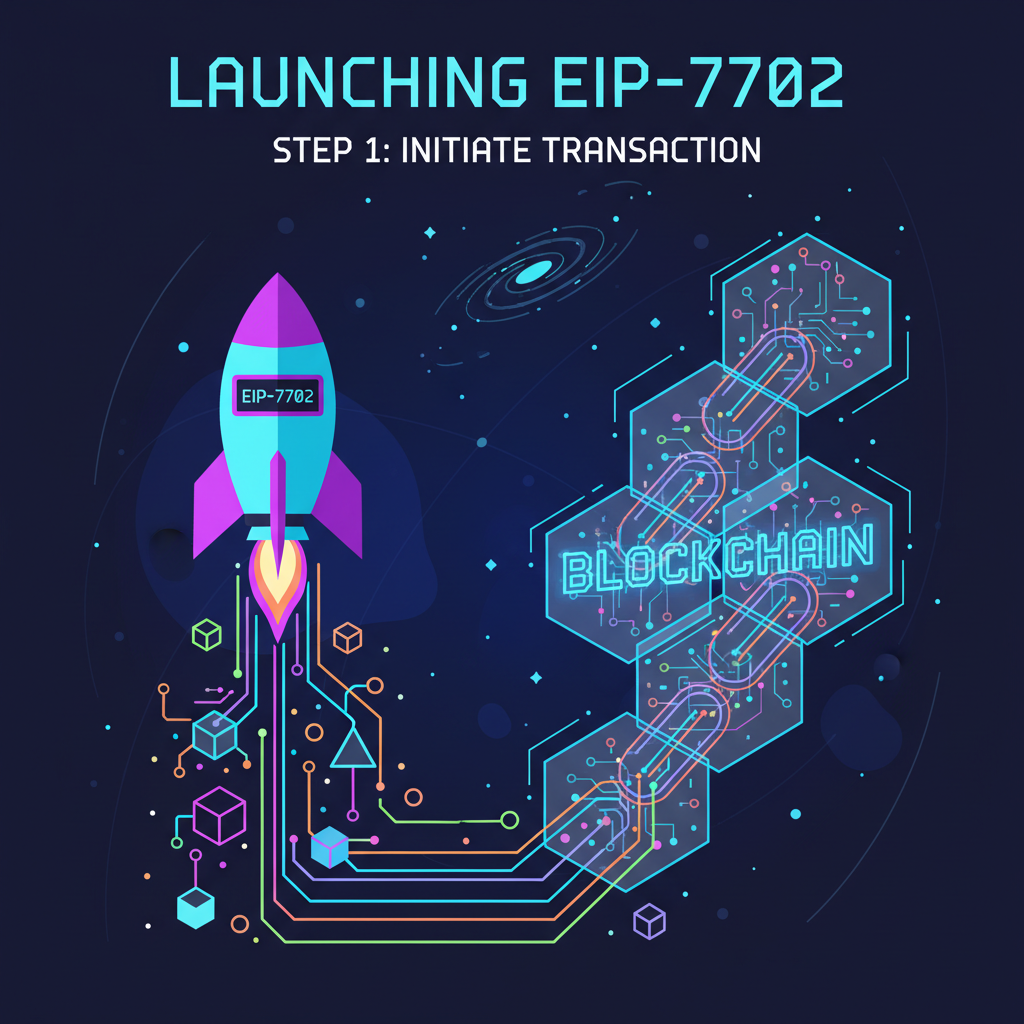 rocket launching EIP-7702 transaction into blockchain space, explosive neon trails