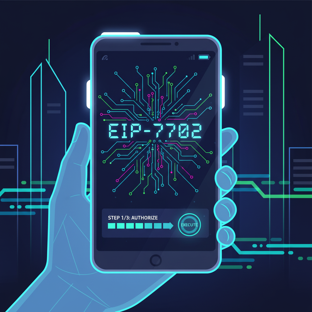 cyberpunk smart wallet interface glowing with EIP-7702 code, neon blues and greens