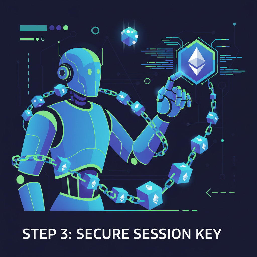 AI robot agent grabbing session key, ethereum chains linking, high energy cyber style