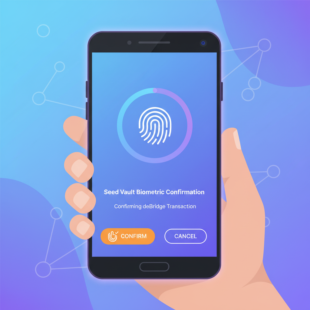 Seed Vault biometric confirmation screen on Solana Saga for deBridge tx
