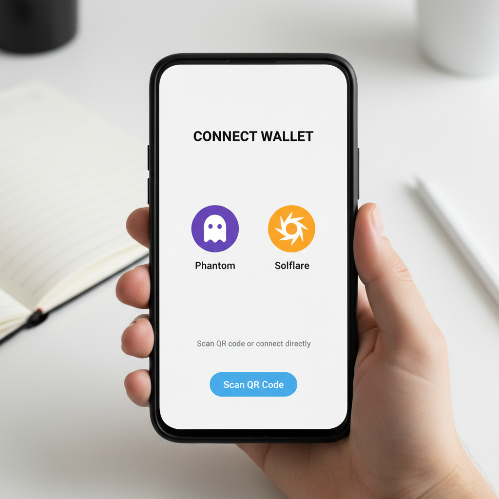 Saga phone screen showing wallet connection modal, Phantom and Solflare logos