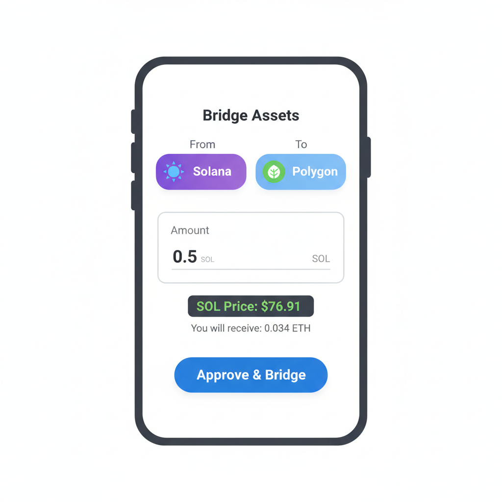 Mobile bridge form with amount input field, SOL price ticker $76.91 displayed