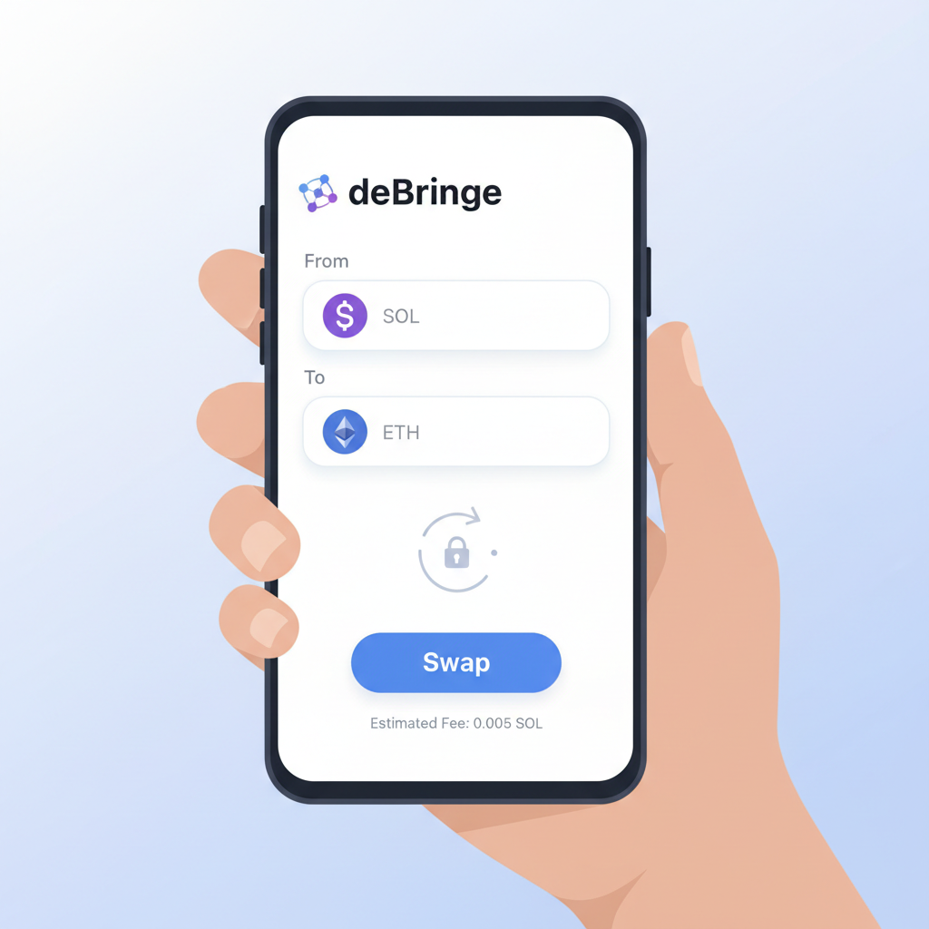 Hand holding Solana Saga phone displaying deBridge app homepage, clean mobile UI