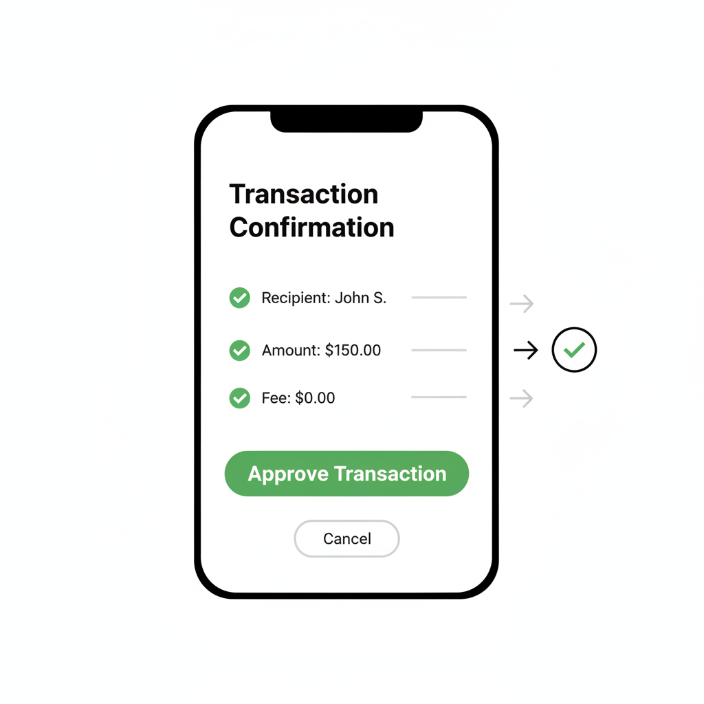 Transaction confirmation screen on phone, green approve button, details checklist
