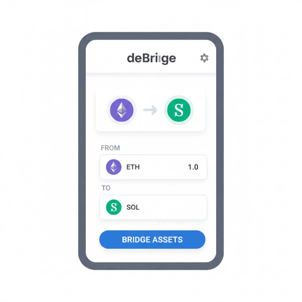 deBridge mobile interface with chain selector, Ethereum to Solana bridge highlighted
