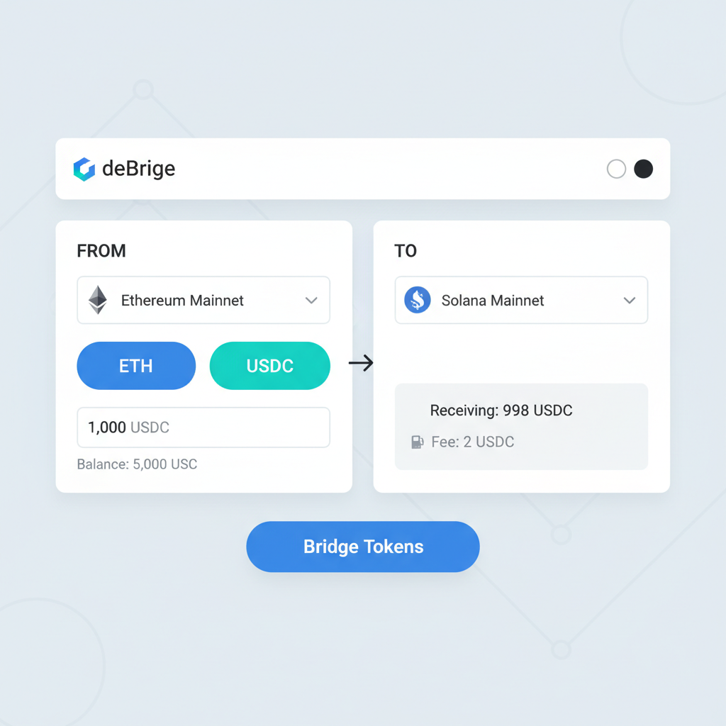 deBridge interface with Ethereum ETH/USDC selected bridging to Solana