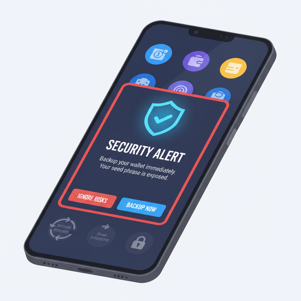 Solana Saga phone screen with security warning popup, wallet backup icons, cyber shield