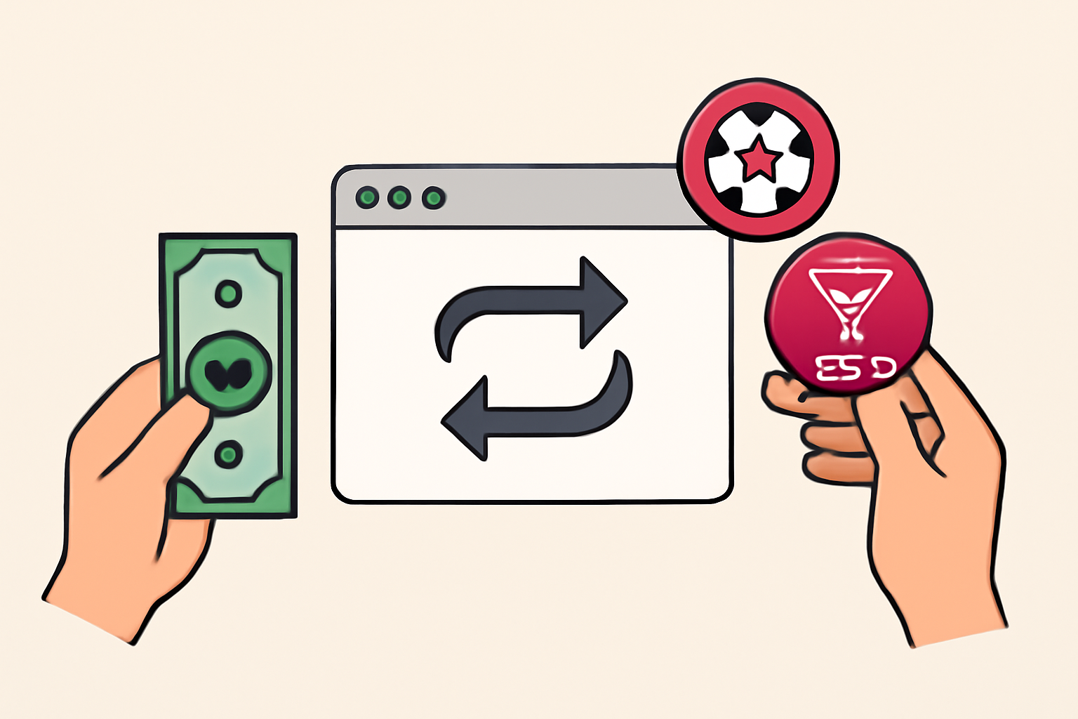 A user exchanging dollars for Chiliz (CHZ) tokens on a digital platform, with CHZ and soccer token icons.