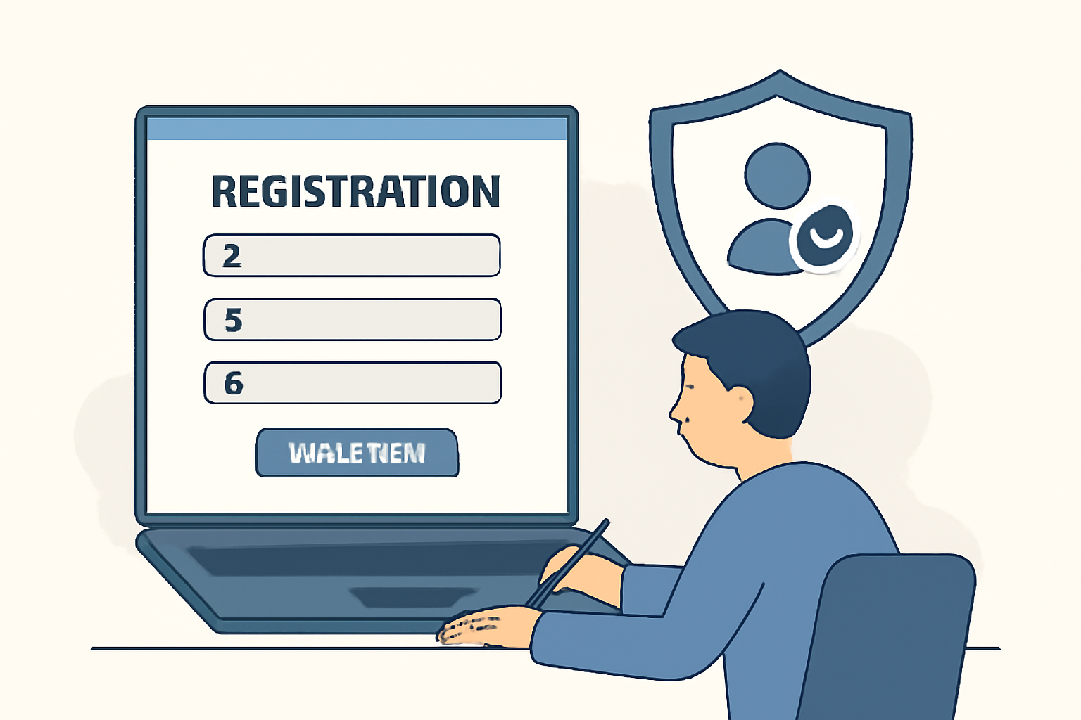 A user filling out a registration form on a laptop, with a shield icon representing security and KYC verification.