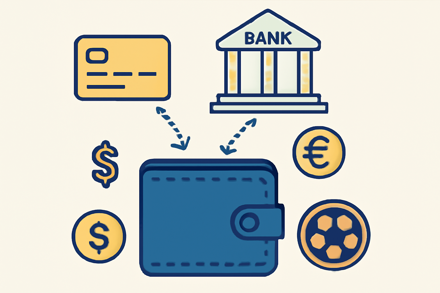 A digital wallet receiving funds from a bank card and bank transfer, with currency symbols and a soccer token icon.