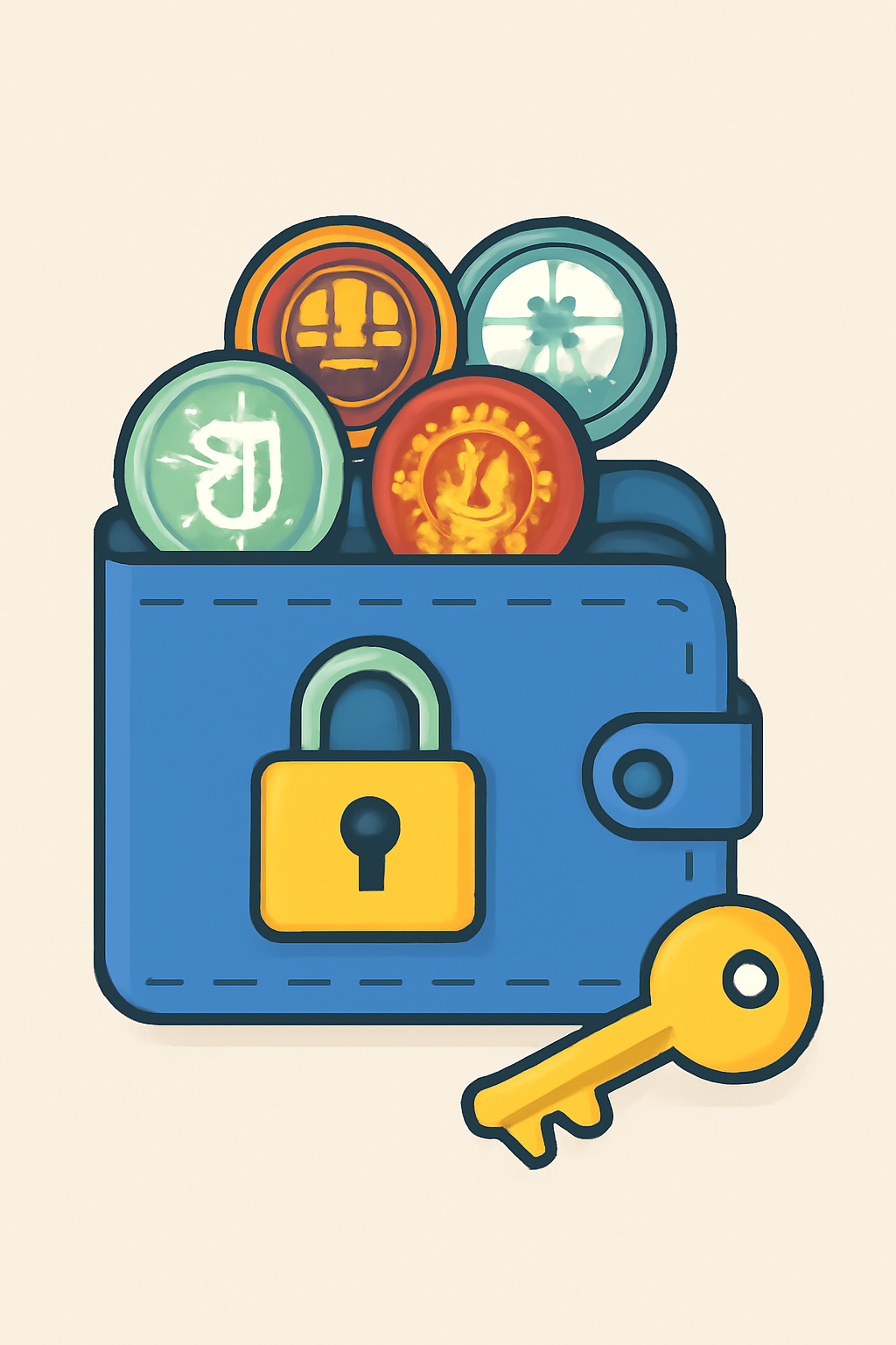 A secure digital wallet with a lock symbol, holding various soccer fan tokens and a backup key nearby.