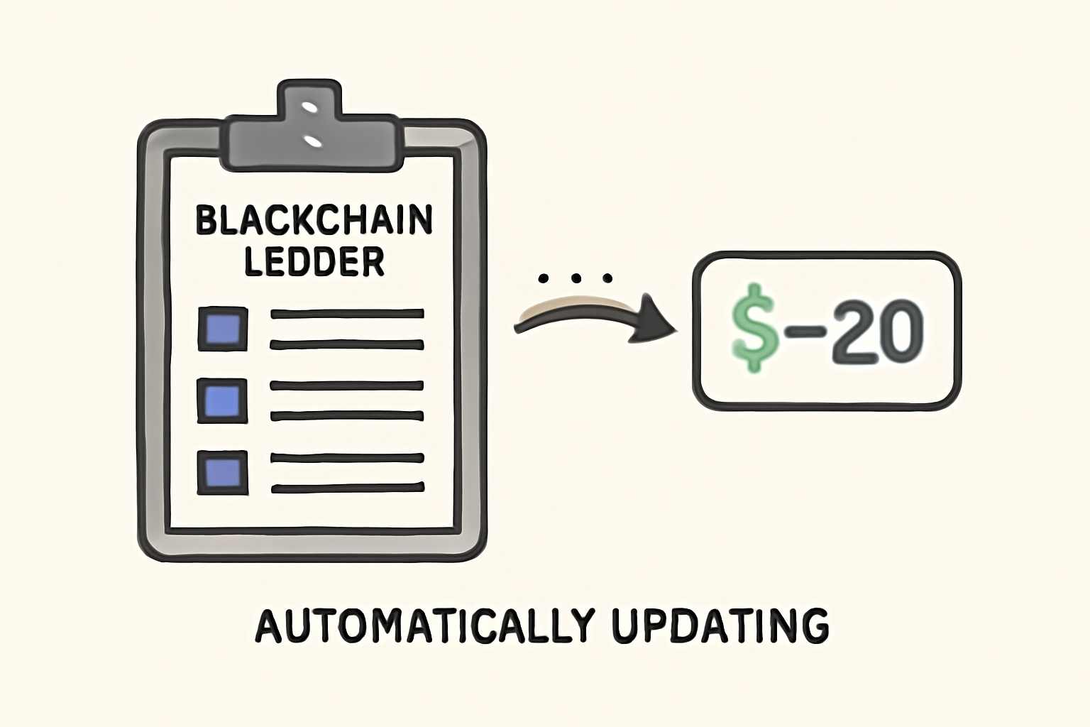 A blockchain ledger automatically updating with new transaction entries, reflecting the payment adjustment