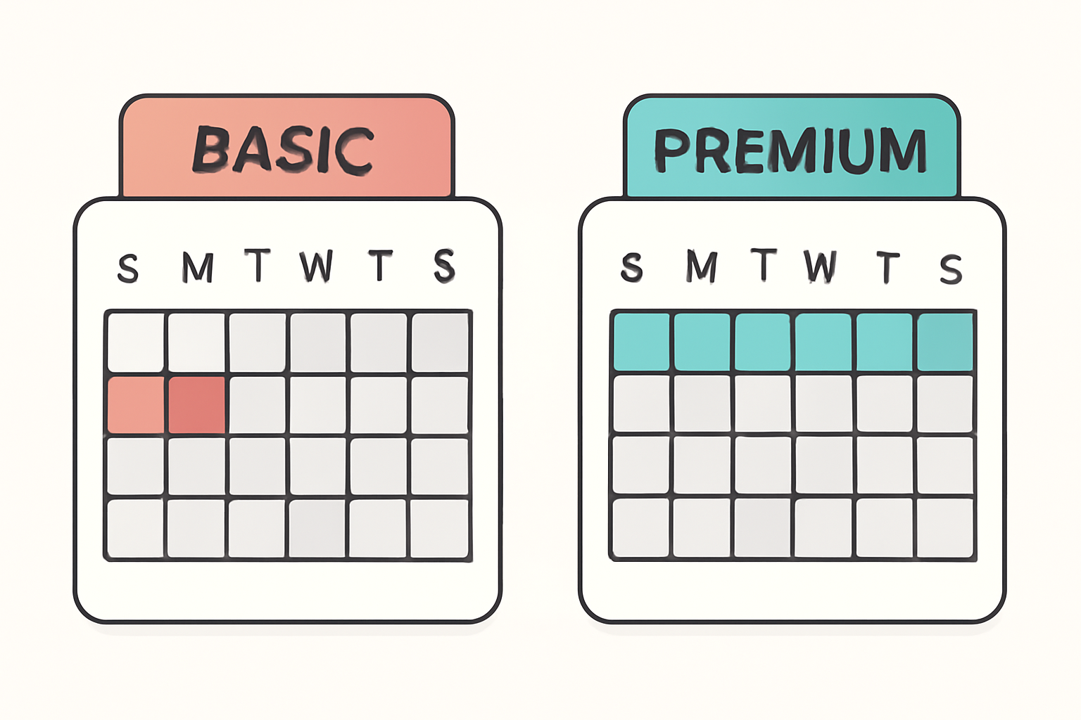 A calendar split into two sections, each labeled with different subscription plans and highlighted days