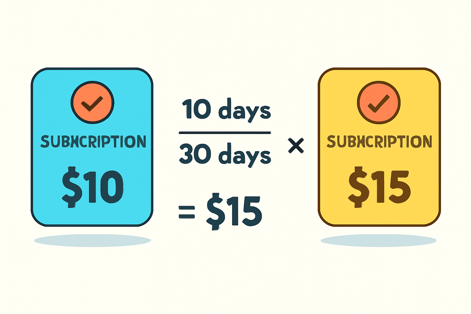 A mathematical equation overlaying two subscription cards, visualizing the proration calculation