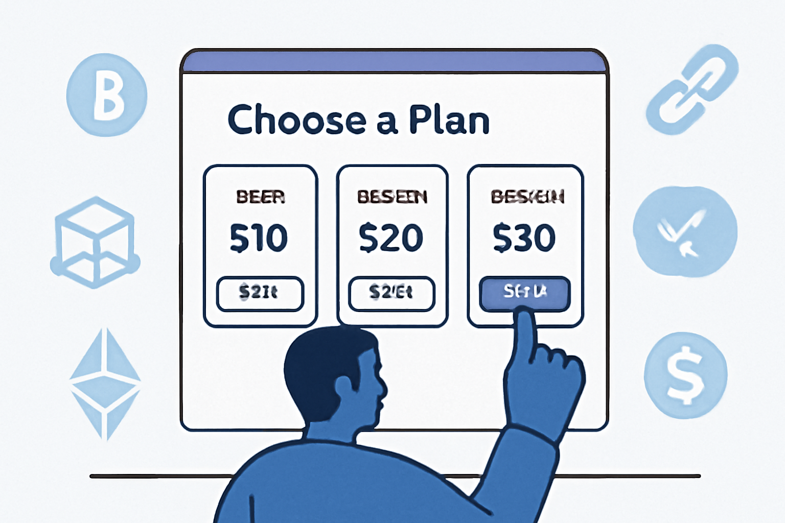 A digital dashboard showing a user selecting a new subscription plan, with blockchain icons in the background
