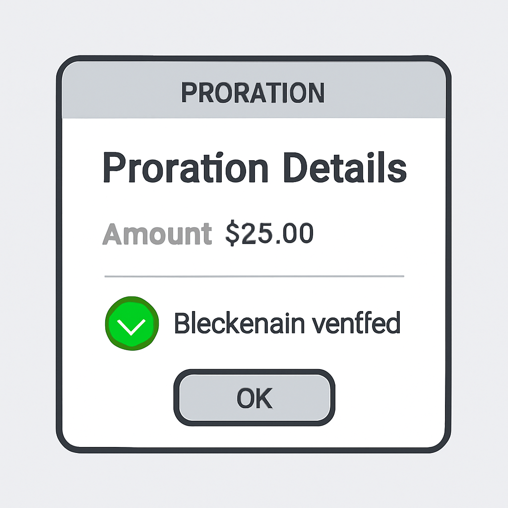 A digital notification alert on a device, showing proration details and blockchain verification badge