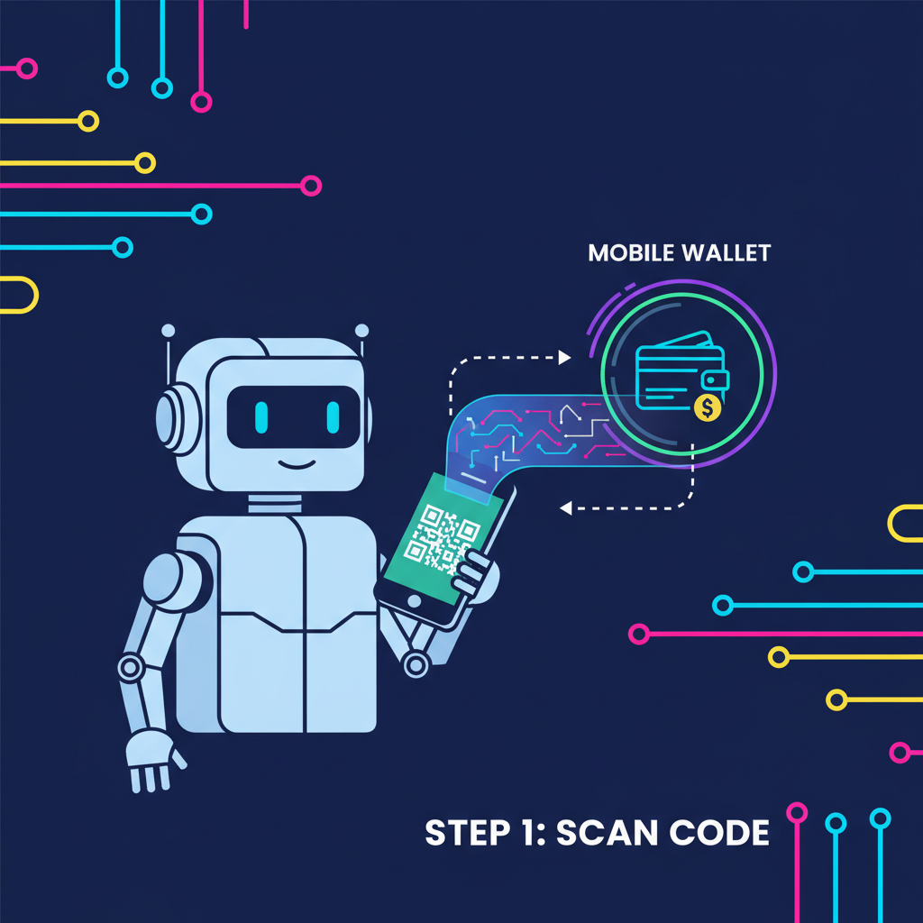 AI robot scanning QR code with mobile wallet, holographic connection bridge, neon lights